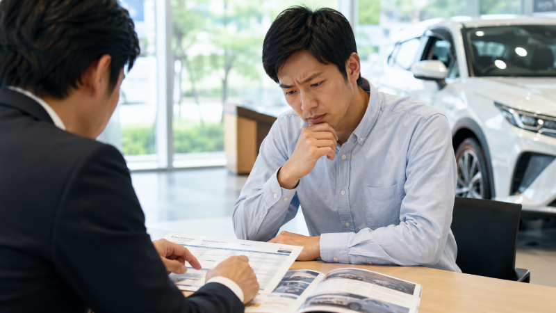 ディーラーで車の査定額を確認して悩んでいる人のイメージ