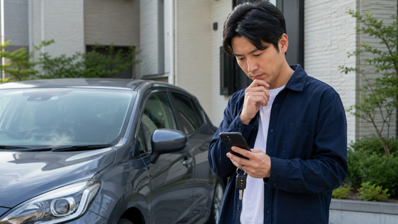 スマートフォンで車の買取相場を確認しているイメージ
